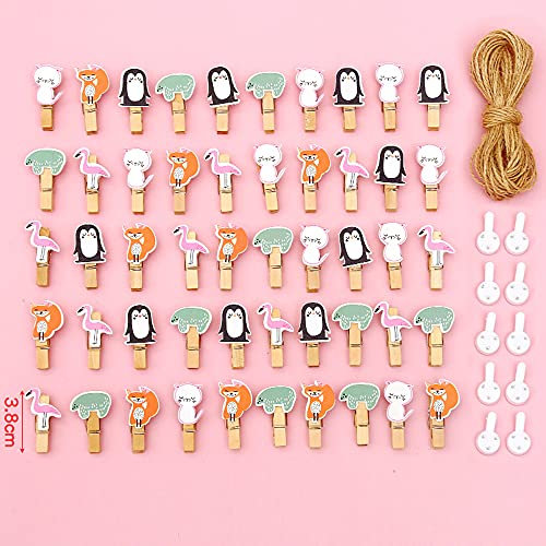 Lot de 50 mini pinces à linge en bois + 10 m de ficelle de jute, pinces décoratives pour travaux photo, patchwork, pinces décoratives pour lin photo, vêtements, animaux