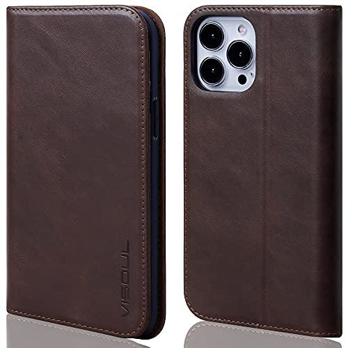 VISOUL Hülle für iPhone 13 Pro Handyhülle Schutzhülle TPU [Erstklassiges Echtleder] [Kartenfach] [Magnet] [Standfunktion], Stoßfest Telefon Lederhülle Kompatibel mit iPhone 13 Pro 6,1 Kaffee
