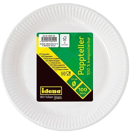 Idena 58250 - Partyteller weiß, 100 Stück, Durchmesser 23 cm, umweltfreundlich & kompostierbar, Papierteller, Pappteller, Einweggeschirr