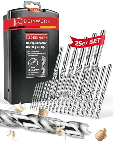 Holzbohrer Set 1-13mm [Deutsche Profibox] - 25tlg. HSS-G Bohrerset - Bohrer Set Holz - Bohrersatz für saubere Bohrlöcher 0,5mm Schritte
