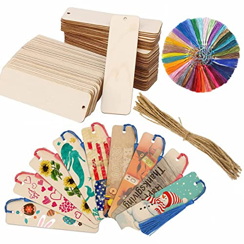 60 Stück Holz Lesezeichen Set,20 Leere, 20 Mit Bunten Quasten, 20 Mit Schnur Zum Basteln, DIY-Dekoration, Partygeschenke, Bücher