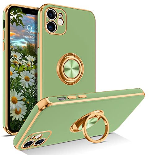 GUAGUA for iPhone 11 Case, iPhone 11 Phone Case with 360° Ring Holder Slim Shockproof Support Magnetic Car Mount Kickstand Women Men Non-Slip Phone Cover, Matcha Green/Gold