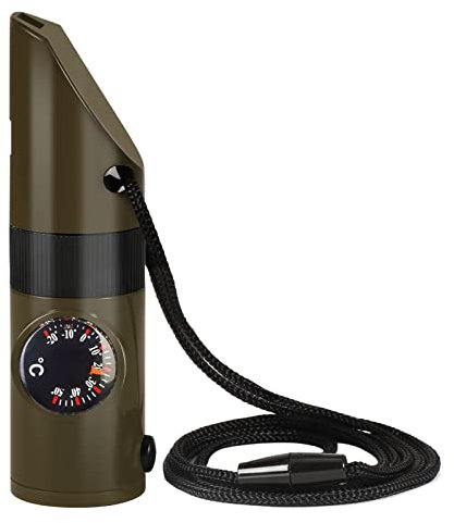 Vspek Sifflet de Survie，Sifflet dUrgence 7 en 1, Sifflet dUrgence Extérieur, Boussole Thermomètre Lampe De Poche Loupe avec Cordon, Sifflet dUrgence Multifonction pour Randonné Camping Aventure