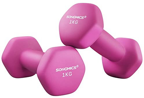 SONGMICS Set di 2 manubri, 2 x 1 kg, manubri corti, esagonali, rivestimento in neoprene, allenamento di forza, allenamento, fitness, casa, rosa SYL902P01
