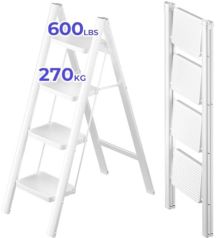 JOISCOPE 4 Stufen Klappleiter, Trittleiter, Leiter, rutschfeste Gummimatten, Verbreiterten rutschfest Stufe, bis 270KG Belastbar, aus Stahl, Stufenleiter für Haushalt, Büro, Weiß