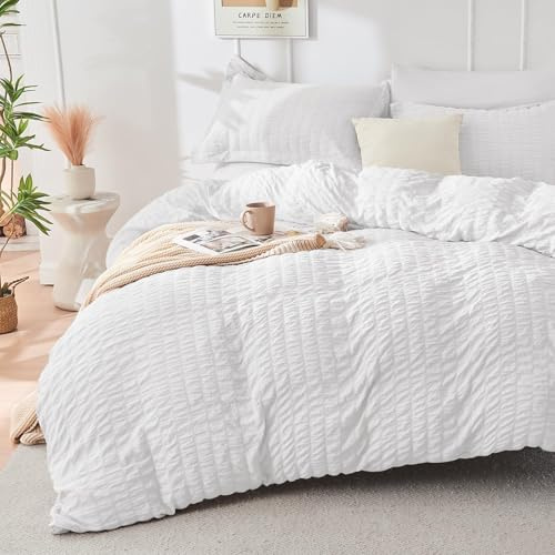 HYMOKEGE White Duvet Cover Queen Size, Ultra Soft 3-Piece Seersucker Duvet Cover Set with Zipper Closure, Soft Brushed Microfiber Bedding Set with 8 Corner Ties (90x90, 2 Pillowshams)