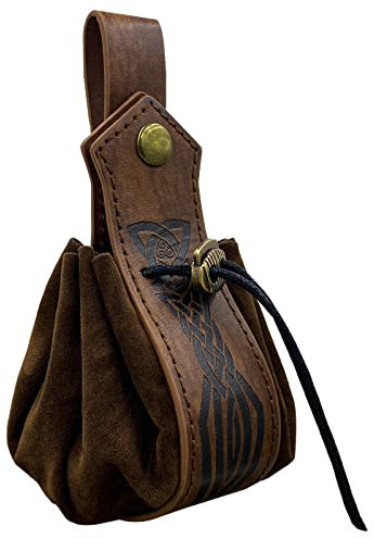 HiiFeuer Mittelalterliche Kunstledertasche mit Kordelzug, Retro-Nordische Tragbare Geldbörse, Vintage-Gürteltasche, Würfeltasche für LARP Ren Faire(Braun C)