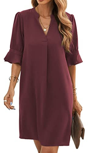 Famulily Ladies Summer Chic Cozy Mini Dress V Neck Bell Short Sleeve Shift Dress Wine L