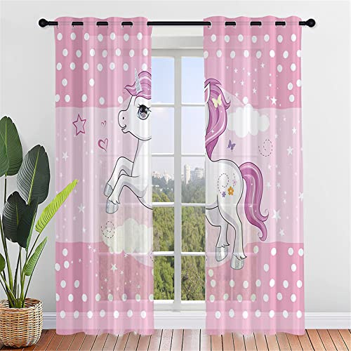 Hiseng Tenda per Interni Moderno Tende Filtranti 2 Pannelli, Tende Voile Semi Trasparenti Sheer Tenda per Cameretta da Letto Soggiorno Camera Balcone - Unicorno Stampa (140x275cm,Rosa Bello)