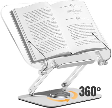 Metahoga Amasrich Buchständer aus Acryl zum Lesen, verstellbarer Halter mit 360° drehbarer Basis und Seitenclips, faltbarer Desktop-Ricer zum Präsentieren von Kochbuch, Noten, Laptop, Rezept,
