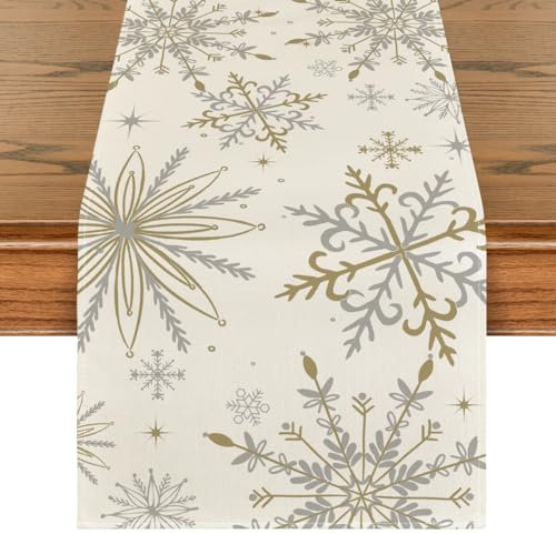 Artoid Mode Gold Schneeflocken Weihnachten Tischläufer, Saisonnal Winter Küche Tisch Dekoration Drinnen Urlaub Party Dekor 40x140 cm
