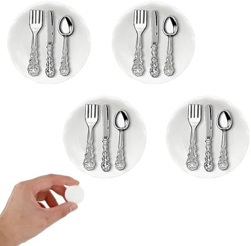 TIESOME Juego de accesorios de cocina para casa de muñecas, 4 platos en miniatura con 8 piezas de mini vajilla de metal, plato de porcelana, modelo 1:12, decoración de cocina para casa de muñecas para