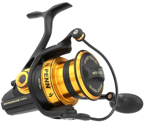 PENN Spinfisher VII Long Cast, Spinnrollen, Meeresangeln, Meeresangelrolle mit IPX5 Dichtung, die vor dem Eindringen von Salzwasser schützt, geeignet für Verschiedene Fischarten, Schwarzgold, 5500