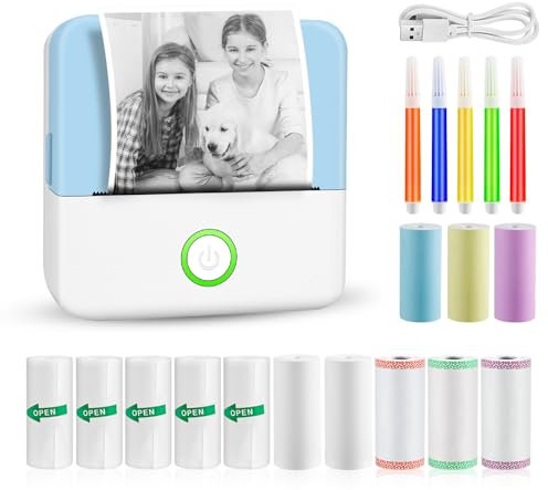 GuKKK Mini Drucker, Mobiler Fotodrucker, Tragbarer Mini Fotodrucker, Wireless Fotodrucker Thermodrucker mit 13 Rollen Druckerpapie und 6 Buntstifte, Smartphone Bluetooth, für Liste, Journal