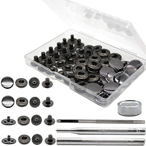 Keismodye 12 Sets Druckknopf-Set, robuste 15-mm-Druckknöpfe aus Metall, Druckknöpfe aus Leder und Näharbeiten, Druckknöpfe mit 4 Installationswerkzeugen für Schuhe, Kleidung, Jeans, Taschen (schwarz)