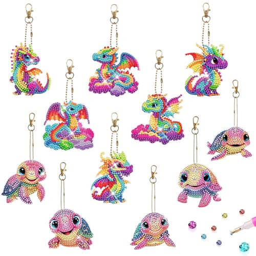 DNWFZ Diamond Painting Llaveros 11 Piezas Diy Llavero Pintura Diamante Dragón 5D Cuadro Diamantes Llavero Tortuga para Mujer Niña Teléfono Mochila Billetera Monedero Bolso Infantil Artesanía