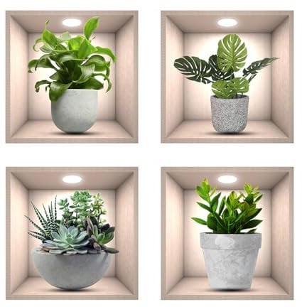 vinilos de pared decorativos, 4 pegatinas de arte de pared impermeable de planta realista pegatinas de pared desmontables de vinilo 3D pegatinas de pared, sala de estar, baño, cocina decor