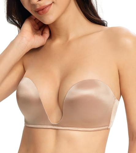 Lemorosy Women's Plunge Strapless Bra Deep U Push Up Everyday Underwire (Beige 34D)