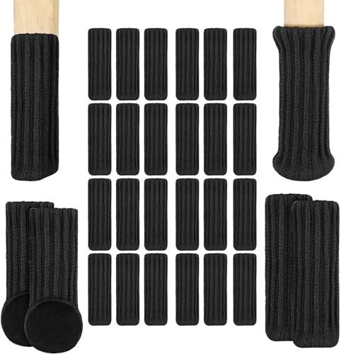 NVTRSD 24 Stück Stuhlbeinkappen Stuhlsocken, Stuhlbeinschoner Mit Fühlte Pads, rutschfeste Möbelschuhe Elastisch Gestrickt Möbel Booties, Möbelsocken Für Stuhlbeine Von 1 Bis 2 Zoll, Schwarz, Rund