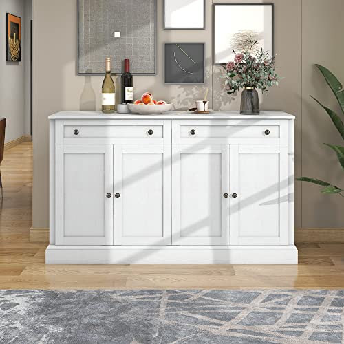 LERFAN Buffet en bois avec 4 portes et 2 tiroirs, buffet moderne, avec grand espace de rangement et socle stable, pour salle à manger, salon, 150 x 40 x 86 cm, blanc