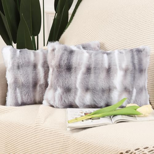Madizz 2er Set Sanft Plüsch Kurze Wolle Samt Dekorativ Zierkissenbezüge Luxus Stil Kissenbezug für Sofa für Schlafzimmer Weiß Grau 30x50 cm