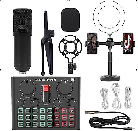 Sound Card Kit BM800 Microphone Professional Condenser Bluetooth Wireless MIC Sound Card With Ring Fill Light Cantilever Bracket Live Streaming Studio Setup For Recording Music (Color : Black BM800 D