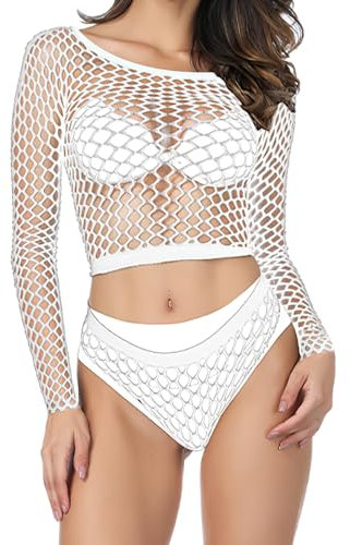 Womens Lingerie Set Fishnet Crop Top Lingerie Babydoll Chemise Top Mesh Fish-net White Babydoll Ripped Net Top and Hip-Hugging Bodycon Nightdress for Women Girl Hollow Fishnet Sexy Set Free Size