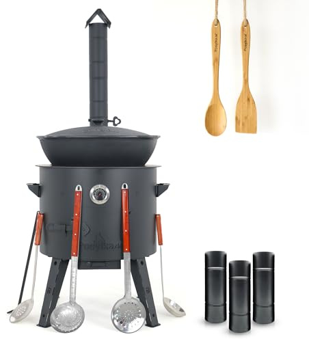 Utschak Uchag Feuerofen Ø 49 cm 2 mm Stahl Herdplatte 4mm Kazan 22 L runder Boden mit Thermometer Verlängerungsrohr, Schaumlöffel 48 cm,Schöpfkelle 48 cm,Schaumlöffe 64 cm x2, Holzspachtel (Set R22-1)