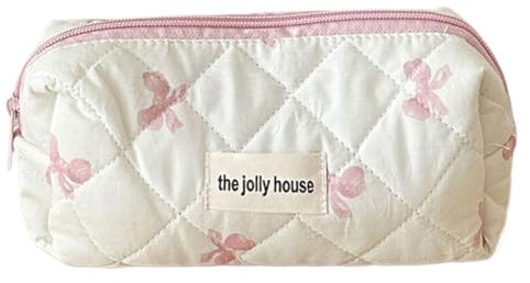 Fiorky Gesteppte Make-up-Tasche aus Baumwolle for Frauen und Mädchen, niedliche Schleife, Reise-Make-up-Tasche mit Reißverschluss, Make-up-Organizer, Aufbewahrungstasche, Kosmetik-Organizer