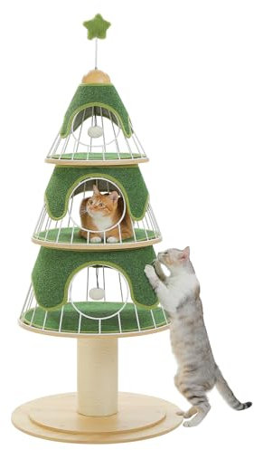 PAWZ Road Kratzbaum Weihnachten, 130 cm, Katzenturm mit 14 cm Sisalüberzogenem Kratzbaum und 3 großen Katzenhütten, großer Kratzbaum für Hauskatzen, Grün