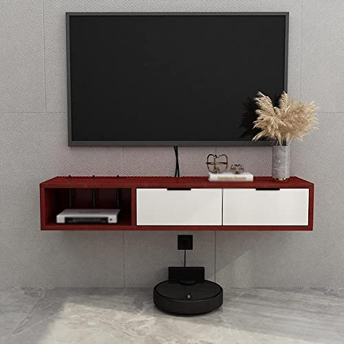 LFONDIGE Schwebender Fernsehschrank, Wandmontierter Fernsehschrank Aus Holz Mit 2 Schubladen, Zum Platzieren Von Routern, Fernbedienungen Und Projektoren/Rot/100Cm