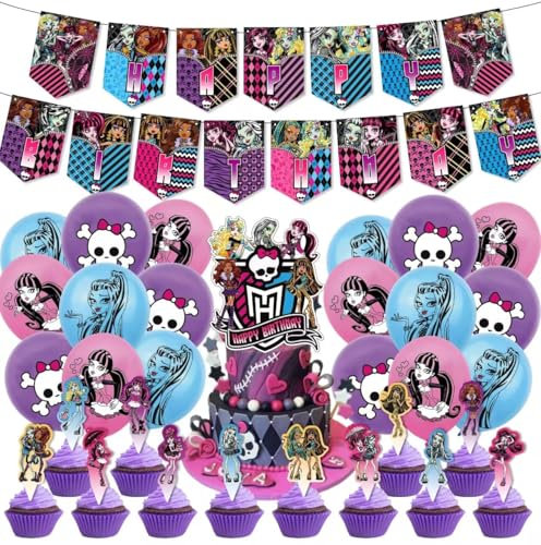 GVMJHYK 32pcs Décorations de Fête Monster - Fournitures pour Thème Enfants, Bannière, Ballons, Topper de Gâteau pour Anniversaire