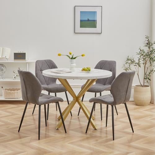 DEYARNA HOME Essgruppe 5-Teilig, 100cm Runder Esstisch und 4 Leinen-Esszimmerstühle, Esstisch und Stühle für 4 Personen, 4 Stühle & Tisch für Küche, Esszimmer und Wohnzimmer (Weiß/Gold+Grau)