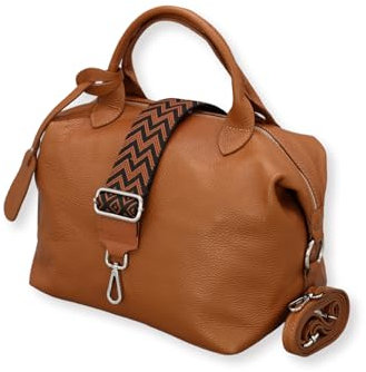 ADEL Handtasche Damen Echtleder BIANCA Handgemachte Umhängetasche Crossbody Bag mit Ledergurt + Breitem Gemustertem Riemen 3 Fächer Stylische Schultertasche Made in Italy (Cognac Braun)