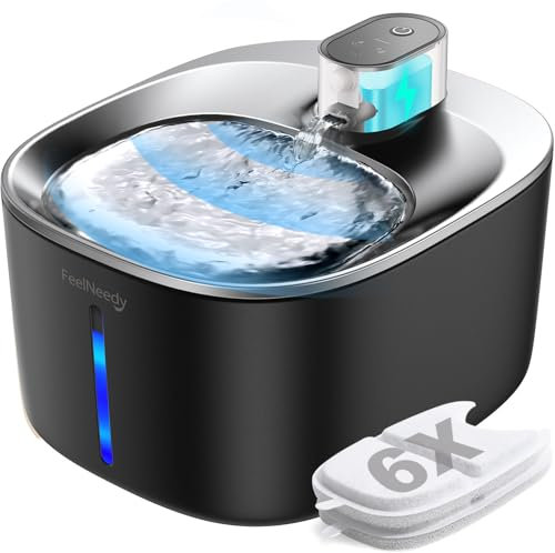 Fontaine à Eau pour Chat à Pile 4000mAh sans Cable électrique FEELNEEDY 4L Fontaine A Eau Chat sans Fil avec Détecteur en Acier Inoxydable Fontaine Silencieuse avec 6 Filtres et Éponges, Noir