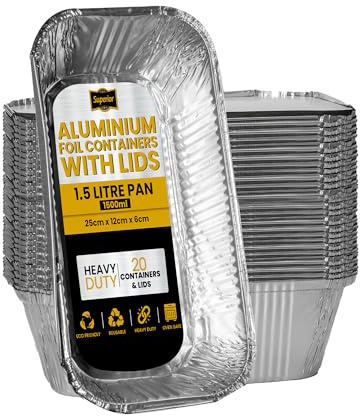 Superior Deep Foil Trays with Lids for Roasting &, 1.5 Litre Pack of 20 | Sturdy containers ideal for baking, and cooking | Handy meal prep tray for family dinners, buffets, parties and leftovers
