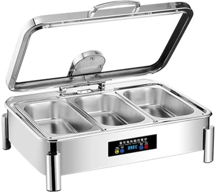Scaldavivande Elettrico per Buffet Piano di Cottura in Acciaio Inox Scaldavivande Intelligente con Coperchio in Vetro Trasparente per Catering, Buffet e Feste(9L/3)