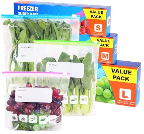 60 Pack Reusable Ziplock Freezer Bags, Food Storage Bags 3 Sizes (6L, 2.45L, 1.55L) with Expandable Bottom zip lock bags for Sandwich,Fruits, Meats, Vegetables, Snacks, and Essentials