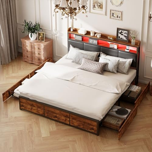 NLDGR Doppelbett 160 x 200 cm,Schubladenbett mit LED-Licht und PU-Nachtbett mit Eisenrahmen, Kopfteil mit Stauraum,Stauraumbett,Mattschwarze Tigerhautfarbe