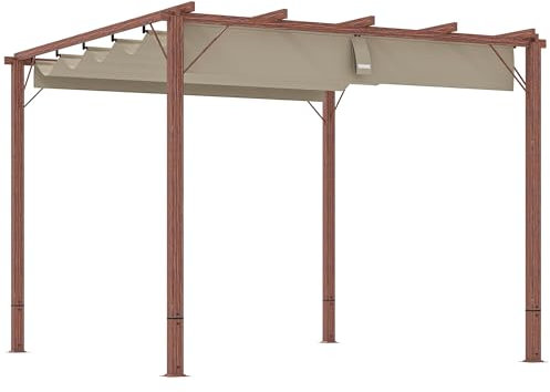 Outsunny 3 x 3(m) Garden Pergola with Retractable Roof Canopy and Wood Grain Aluminium Frame, Outdoor Gazebo Pergola Kit, UPF30+ Sun Shade Shelter for Deck, Porch, Natural Wood Finish