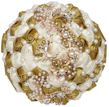 cocoontail Bouquet da sposa in raso fatto a mano con strass e perle, 21 cm, bouquet da sposa per sposa, damigelle d'onore, decorazione per chiesa (oro chiaro + latte)