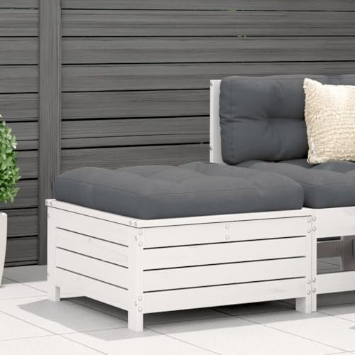 Fasba Gartenhocker, Hocker, Gartenmöbel, Fußhocker, Sitzhocker für Terrasse Garten, mit Kissen Weiß Massivholz Kiefer