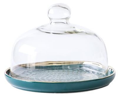 ASIAD Kuchenhaube Keramik Kuchenplatte Glas, Kuchenglocke Ständer Tortenständer Glashaube Lebensmittel Abdeckung für Hochzeit Geburtstag,Glas-Kuchenform,Blau,26cm