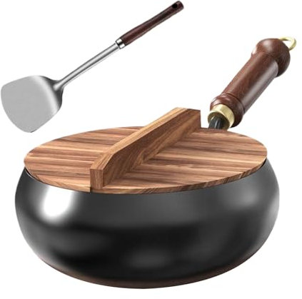 Dorugage Cast Iron Wok | Uncoated Iron Pan with Wooden Lid and Handle | Chinese Wok | Japanese Big Belly Pot | 24cm Non Stick Frying Pan | Round Bottom Suntup Pan for Induction, Electric