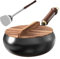 Dorugage Cast Iron Wok | Uncoated Iron Pan with Wooden Lid and Handle | Chinese Wok | Japanese Big Belly Pot | 24cm Non Stick Frying Pan | Round Bottom Suntup Pan for Induction, Electric
