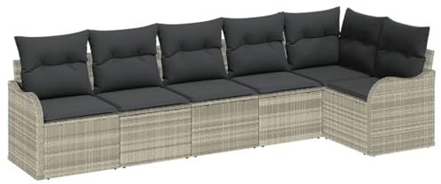 vidaXL 6-teiliges Gartensofa-Set mit Kissen, hellgrau, Poly-Rattan | Modular, wetterfest, perfekte Sitzgelegenheit für draußen mit verstellbaren Füßen, bequem, ideal für Terrasse und Patio