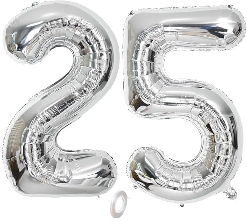 Balorise 40 Zoll Aluminium Luftballon Silber Zahl 25/52, Helium Unterstützt, Ballon Nummer 0-9, 10-100 (101cm), große Folienballons Dekoration für Geburtstagsfeier, Hochzeit, Jubiläum