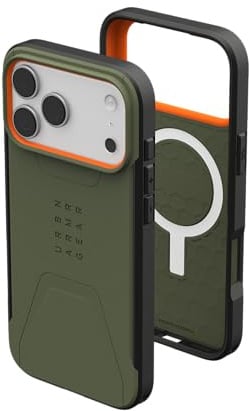 URBAN ARMOR GEAR Civilian MS Case kompatibel mit Apple iPhone 17 Pro Max Hülle (Wireless Charging/Magnetische Aufladung, Sturzfeste Handyhülle, Erhöhter Rand) Olive/pop orange