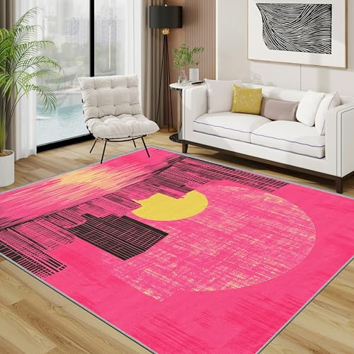 TerroVee Rosa Teppich, Stadtbild Kleiner Teppich, Modern Urban Kunst Waschbar Kurzflor Weich Teppiche Eingangsbereich Innen Küche, 60x90 cm, Pink