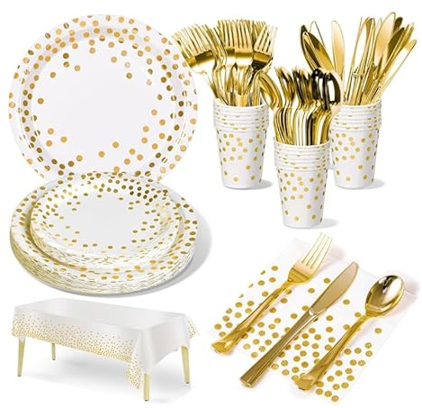 Party Tableware Paper Plates and Napkins Set, 141PCS Party Paper Plates Cups Napkins and Cutlery Party Dinnerware Set for Birthday Decorations New Year Wedding Christmas Picnic (20 Guests, White&Gold)